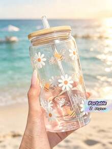16 Ounce Leak Proof Transparent Water Cup With Straw | Cute Daisy And Cartoon Bee Pattern | Travel Cup Suitable For Iced Coffee | Comes With Lid And Straw | Printed With "Soda Can" Style | Fashionable And Fun Suitable For Iced Drinks - Multicolor - View 1
