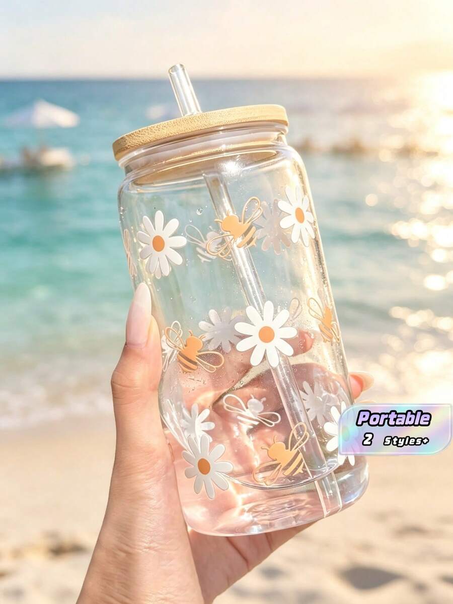 16 Ounce Leak Proof Transparent Water Cup With Straw | Cute Daisy And Cartoon Bee Pattern | Travel Cup Suitable For Iced Coffee | Comes With Lid And Straw | Printed With "Soda Can" Style | Fashionable And Fun Suitable For Iced Drinks - Multicolor - View 1