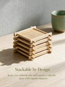Haus Hana 6Pcs Bamboo Square Coaster, Japanese‑Style Well‑Shaped Teacup Holder, Heat‑Resistant Anti‑Scald Bamboo Tea Tray, Decorative Cup Mat, Practical Table Ornament For Kung Fu Tea Set, Home Tabletop Tea Ceremony Daily Use Decor Accessories - Multicolor - View 12