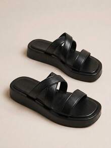 HighSole Spring And Summer Thick Bottom Double Belt Cross Design Open Toe Light And Mature Wind Black Comfortable Casual Sandals Women Wear Daily Street Travel - Black - View 7