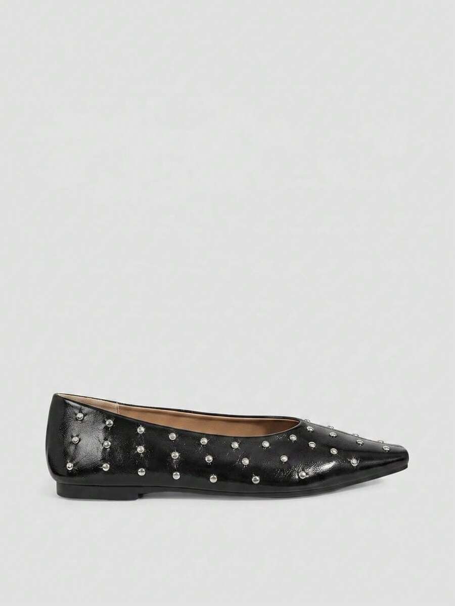 Maija Black Rivet Square Toe Shoes, Retro Soft Leather Low Vamp Flats - Black 3 - View 1