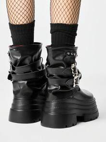 ROMWE Grunge Punk 女款黑色搖滾龐克哥德風圓頭粗跟楔形扣帶騎行短靴，適合聖誕 Y2K 風格 - 黑色/雙扣 - 查看 5