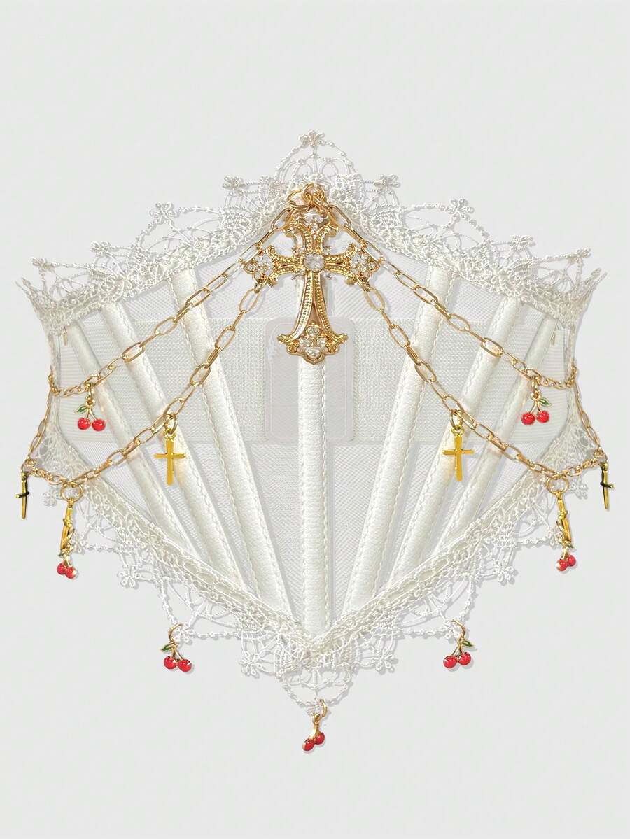 ROMWE Goth 1 Piece White Lace & Tulle Corset With Cross Chains & Cherry Decorations (Boned Waist Trainer) - White mesh cross cherry girdle - View 1