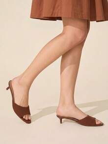CUCCOO BASICS Women Kitten Heel Knit Slide Sandals Open Toe Slippers - Brown - View 4