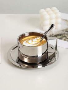 1pc Stainless Steel Coffee Cup Set With Cup, Saucer And Spoon, Modern Metal Tea Cup For Home Office - Multicolor - View 3