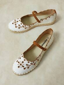 Styleloop Zapatos de suela plana con cinturón extraíble de cuerda de cáñamo y bordado hueco para mujer - Marrón - Ver 3