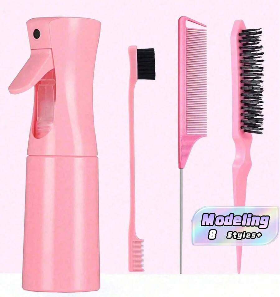 4-Piece Professional Hairdressing Tool Set, Including Spray Bottle, Pointed Comb, Eyebrow Brush, Volumizing Comb For Daily Hair Cleaning And Brushing, Wet And Dry Curling Comb, Parting Brush, Coarse And Fine Hair Care - Multicolor - View 1