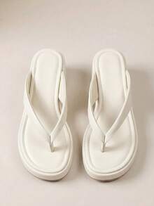 HighSole 春夏新款米色厚底坡跟夾腳拖鞋女鞋，女款防滑增高休閒舒適涼鞋，百搭涼鞋 - 杏色 - 查看 1