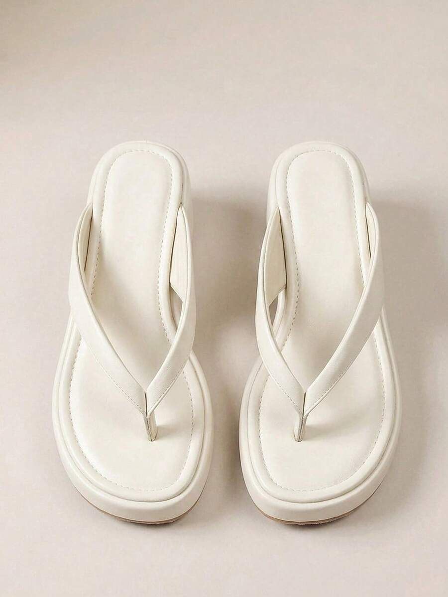 HighSole 春夏新款米色厚底坡跟夾腳拖鞋女鞋，女款防滑增高休閒舒適涼鞋，百搭涼鞋 - 杏色 - 查看 1