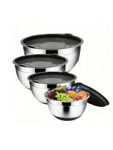 3 PiecesSalad Bowl Set With Cover, Mixing Bowl Set, Stainless Steel Salad Mixing Bowls With Silicone Base And Lids, Non-Slip For Food Storage, Meal Prep, Salad And More, Kitchen Gadgets And Accessories - View 2