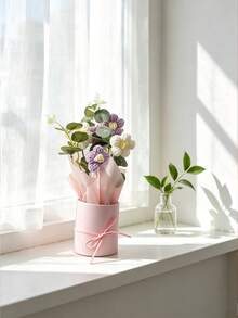 Handmade Daisy Flower Bouquet With Pink Round Gift Bucket, Artificial Floral Arrangement With Ribbon Bow, Mini Fake Flower Decor For Desktop, Birthday & Holiday Gift - Purple bouquet - View 6