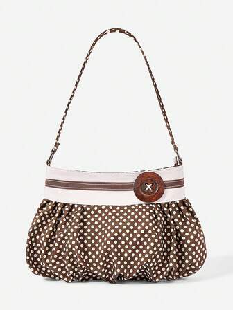 Bolso de hombro para mujer, dulce y lindo, con empalme de lunares marrones, bolso de hombro, bolso mensajero de tela suave con hebilla de madera decorativa retro, bolso diario para ir al trabajo