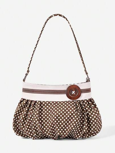 ROMWE Ladies Shoulder Bag, Sweet And Cute, Brown Polka Dot Splicing, Shoulder Bag, Retro Wood Buckle Decorative Soft Cloth Messenger Bag, Daily Commuter Tot