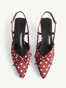 CUCCOO CHICEST Ladies Summer Fashion Polka Dot Brown Satin Bow Back Empty Stiletto Sandals Elegant Commuter Party Vacation - Brown - View 2