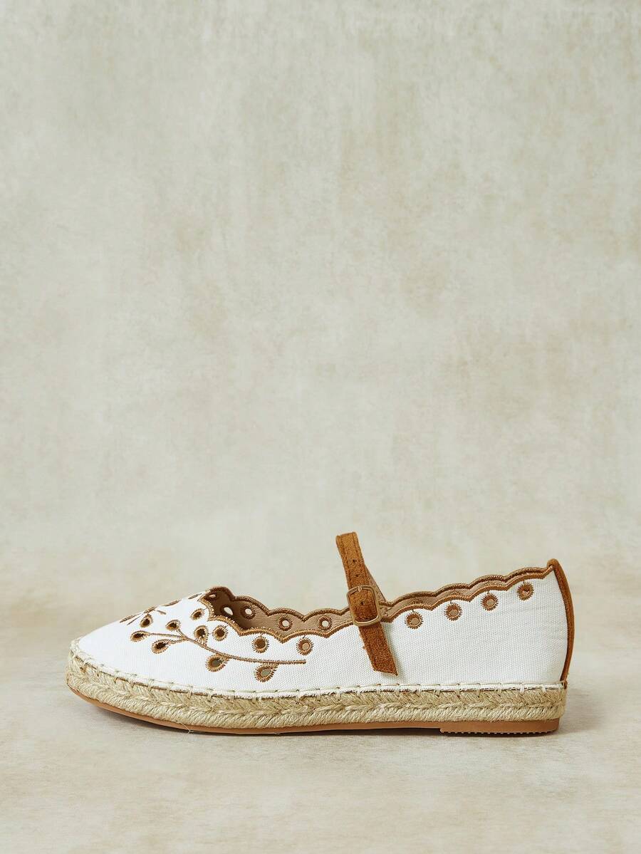 Styleloop Zapatos de suela plana con cinturón extraíble de cuerda de cáñamo y bordado hueco para mujer - Marrón - Ver 1