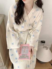 1件裝女款蝴蝶結印花裹身晨袍，休閒寬鬆皺褶布料居家家居服 - 藍色蝴蝶結 - 查看 2