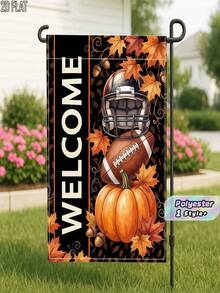 1PC 2D Flat Fall Halloween Orange Football Helmet Welcome Garden Flag, Single-Sided Outdoor Porch Yard Decor For Home, Party, Holiday, Seasonal Display, No Pole - multicolor - View 1