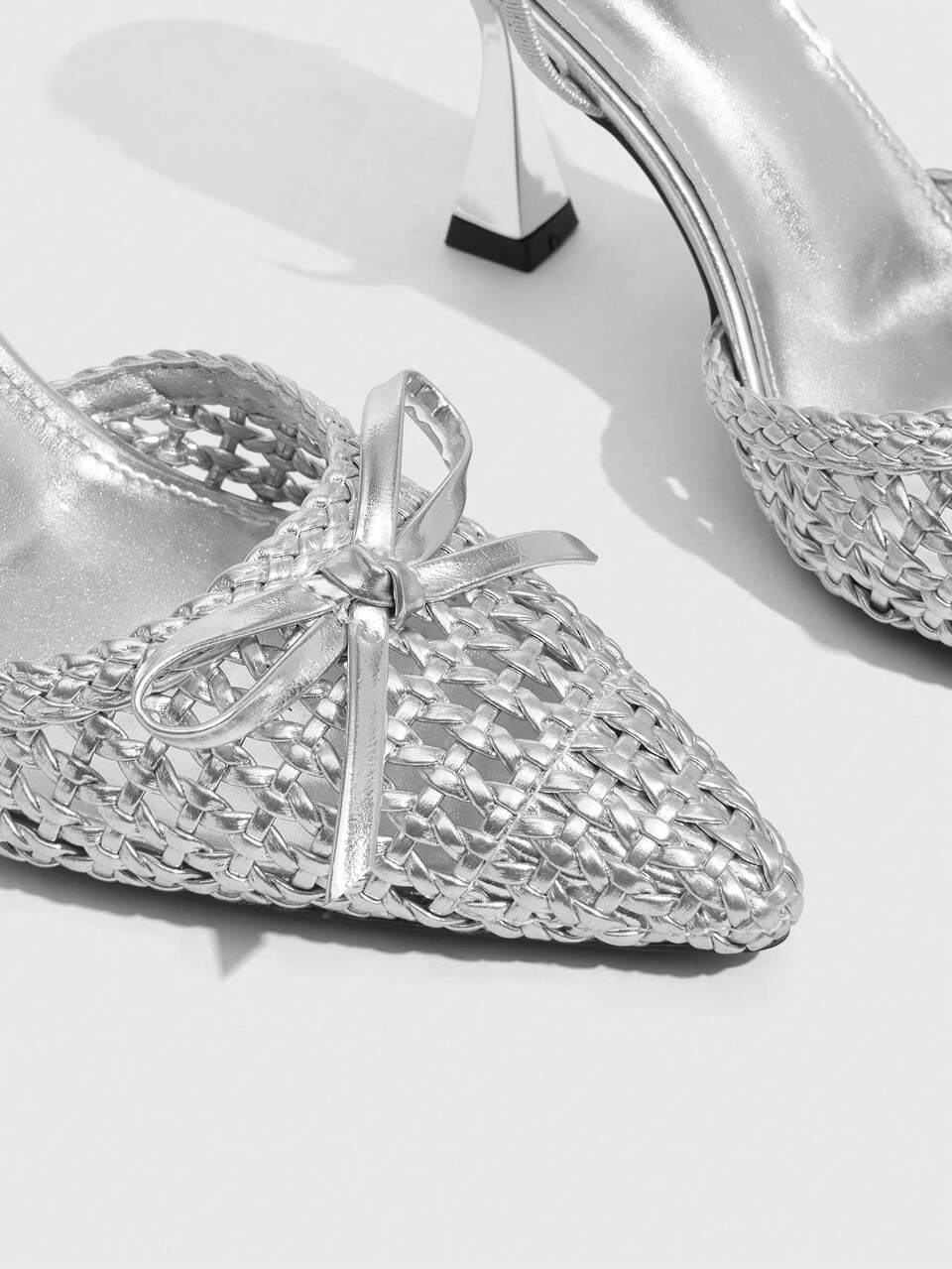 CUCCOO SZL Women Shoes Stiletto Sexy Fashion Pointed Bow Woven Silver PU Heel Shoes Shopping Vacation Dating Party Valentine's Day Fall Shoes