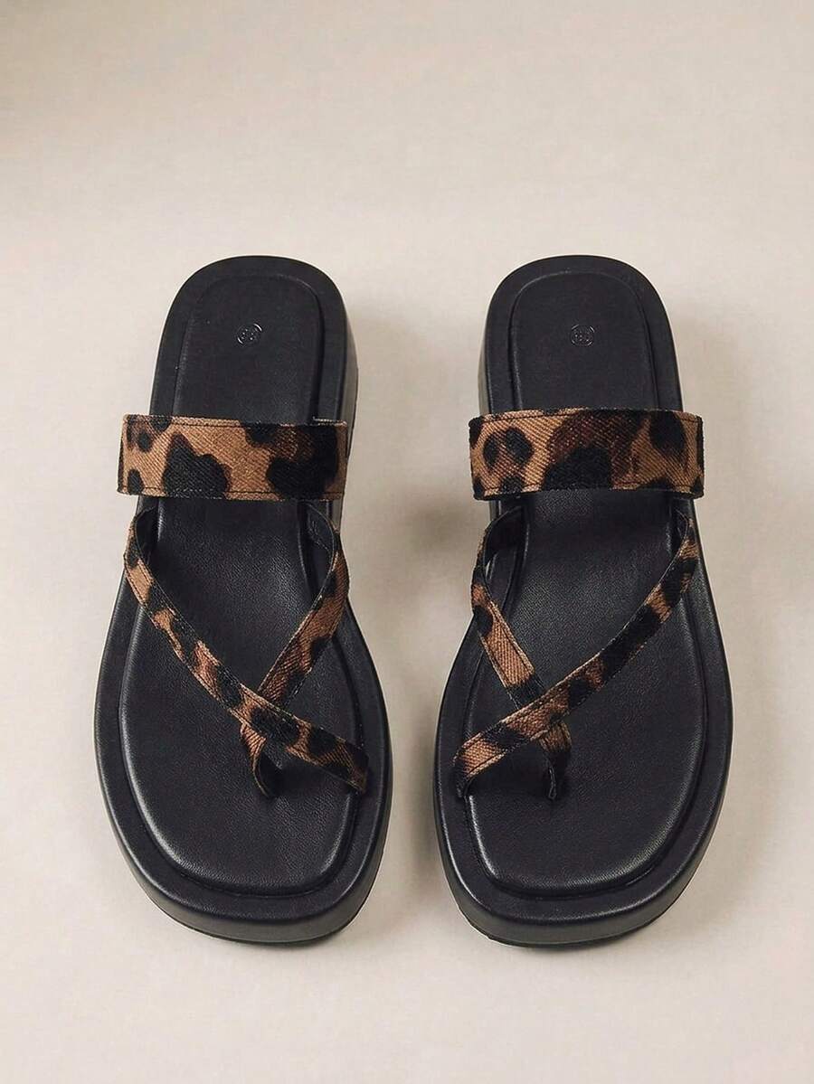 HighSole Spring And Summer New Leopard Print Cross Strap Toe Thick Bottom Design Comfortable Soft Bottom Flat Bottom Casual Style Leopard Print Women Slippers Party Travel - Leopard Brown - View 1