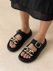 HighSole Women's Metal Chain Decor Buckle Design Casual Flat Slide Sandals - Black - View 3