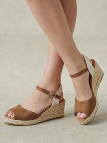 Styleloop Women's Wedge Heel Platform Sandals, Vintage Casual Peep Toe Wedge Sandals, Vacation Outfit, Travel Essential, French Country Style, Bohemian Style - Camel - View 2