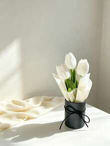 Mini Round Gift Box Artificial White Tulip Bouquet, Silk Fake Flower With Black Bow Decor, Aesthetic Dried Flower Ornament For Bedroom Table Wedding Party Home Decor Gift - White - View 6