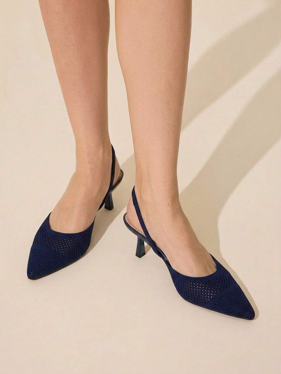 CUCCOO BASICS Women Fashionable Navy Blue Knit Slingback Pumps Pointed Toe Stiletto Heel Elegant Shoes