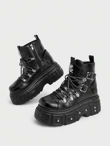 Sugerpunk Women Heeled Sandals New High-Top New Platform Dark PU Skull Head Rivet Ankle Boots Fried Street Motorcycle Boots Punk Platform Boots Winter Boots - Black - View 5