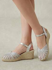 Styleloop Zapatos de plataforma con tacón de cuerda de cáñamo y tirador trenzado estilo vacacional plateado para mujer - Plateado - Ver 2