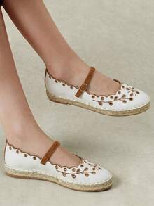 Styleloop Zapatos de suela plana con cinturón extraíble de cuerda de cáñamo y bordado hueco para mujer - Marrón - Ver 7