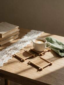 Haus Hana 6Pcs Bamboo Square Coaster, Japanese‑Style Well‑Shaped Teacup Holder, Heat‑Resistant Anti‑Scald Bamboo Tea Tray, Decorative Cup Mat, Practical Table Ornament For Kung Fu Tea Set, Home Tabletop Tea Ceremony Daily Use Decor Accessories - Multicolor - View 8