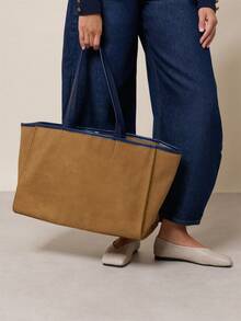 Nöista Tan Suede Effect Tote Bag With Contrasting Navy Blue Handles, Clean Panelled Construction, - Brown - View 6