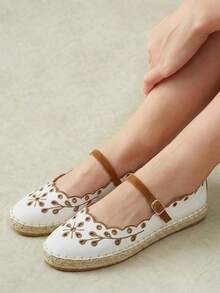 Styleloop Zapatos de suela plana con cinturón extraíble de cuerda de cáñamo y bordado hueco para mujer - Marrón - Ver 11