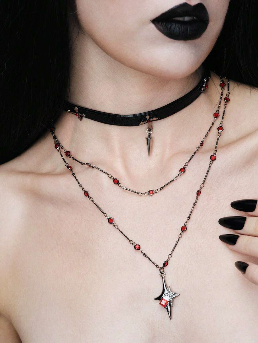 MortiRose 1pc Gothic Punk Pendant Necklace, Cross Necklace, Heart Necklace, Star Necklace, Adjustable Necklace, Layered Necklace, Suitable For Women/Men/Couples Daily Wear, Party Gift, Holiday Gift, Halloween Gift - Multicolor - View 1