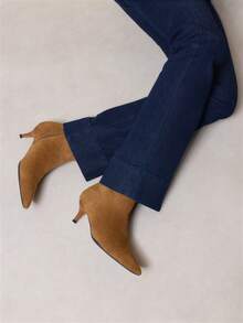 Nöista Pointed Toe Microfiber Ankle Boot With A Clean Silhouette, Slim Wood-Effect Kitten Heel And Inside Zip Closure. Fall Boots - Brown - View 4