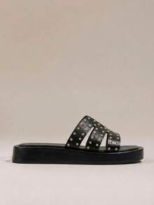 HighSole 春夏鉚釘寬帶厚底拖鞋，舒適輕便平底極簡女款拖鞋，日常穿著 - 黑色 - 查看 2