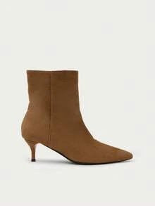Nöista Pointed Toe Microfiber Ankle Boot With A Clean Silhouette, Slim Wood-Effect Kitten Heel And Inside Zip Closure. Fall Boots - Brown - View 8