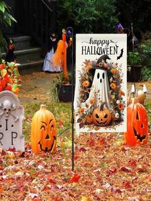 Happy Halloween Garden Flag, Double-Sided Small Pumpkin Light Bat Outdoor Yard Decor, Durable Polyester For Home, Patio, Party, Holiday, No Pole Included - multicolor - View 4