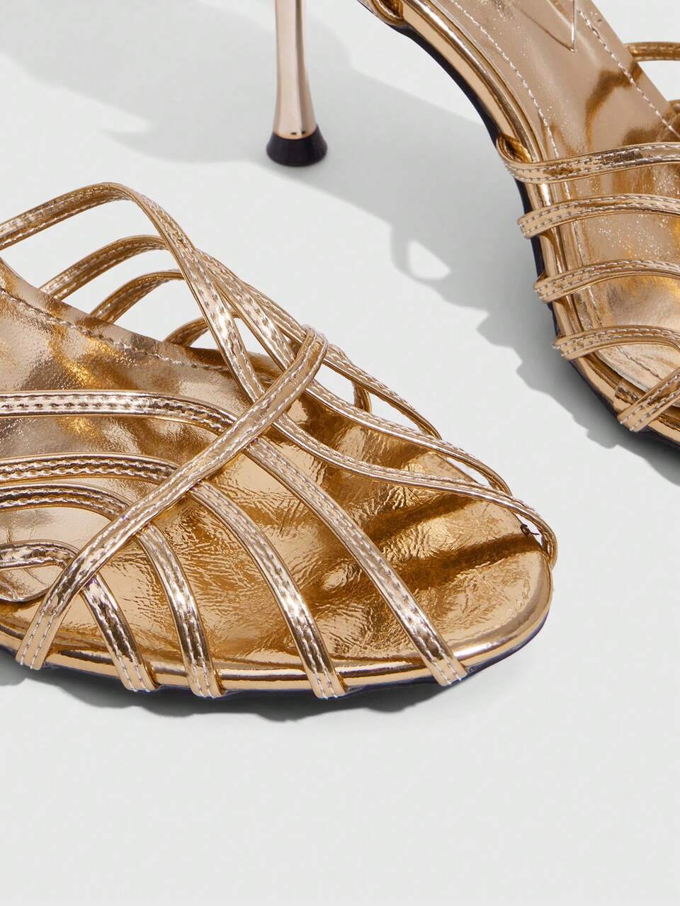 CUCCOO SZL Women Shoes Summer Weave Multi-Ribbon Skinny Heel Sexy Glossy Gold Open-Toed Sandals Dinner Party