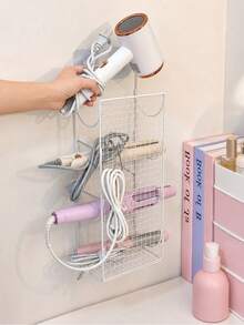 No Drill Wall Mounted Hair Tool Organizer Large Capacity 4 Compartment Storage Rack Holds Hair Dryer Curling Iron Flat Iron With Hooks Space Saving Bathroom Accessory - Multicolor - View 6