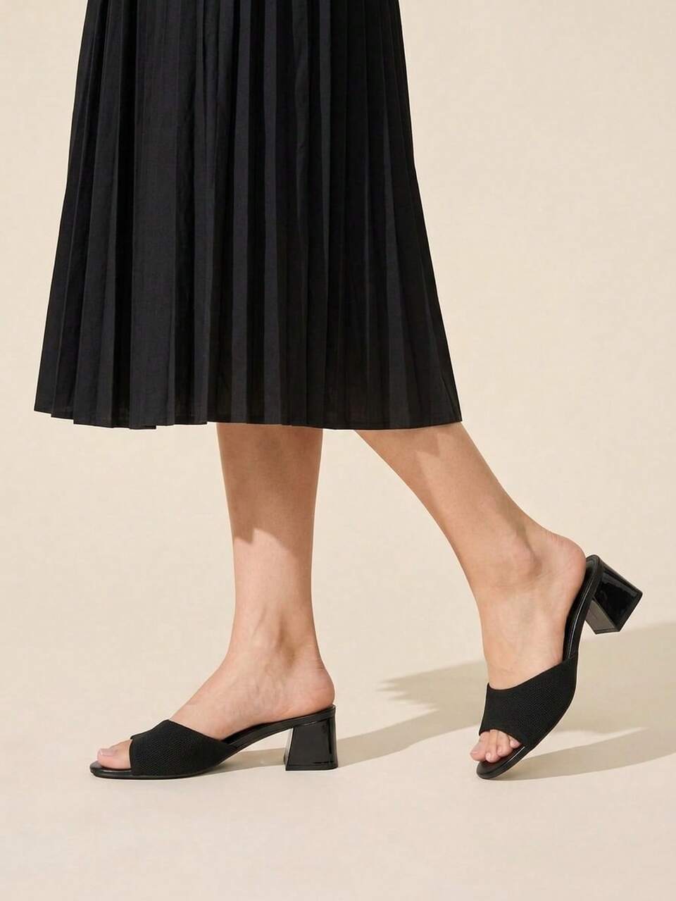 CUCCOO BASICS Women Black Knitted Heeled Sandals Open Toe Slip On Block Heel Mules Slingback Shoes