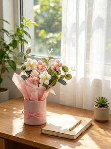 手工花束粉色禮品桶裝，雛菊花藝蝴蝶結裝飾，迷你人造花桌飾，生日禮物居家裝飾 - 粉色系小花筒花束 - 查看 6