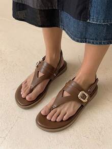 HighSole Women's Square Round Toe Solid Color Buckle Design Commuter Workplace Versatile Flat Sandals Comfortable Slip-On - Brown - View 5