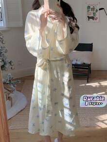 1件裝女款蝴蝶結印花裹身晨袍，休閒寬鬆皺褶布料居家家居服 - 藍色蝴蝶結 - 查看 1