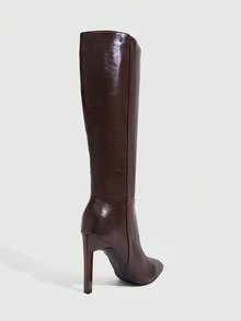 Daringsoles 女款粗跟高跟尖頭側拉鍊及膝長靴 性感通勤 PU 皮革秋冬女靴 - 咖啡棕1 - 查看 3