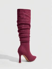 CUCCOO SZL Autumn And Winter Pointed Stiletto Burgundy Suede Piled Boots Pleated Boots Fashion Simple Sexy Nightclub Party High Boots Women Knee Boots High Boots Fall Shoes - Burgundy - View 8