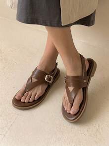 HighSole Women's Square Round Toe Solid Color Buckle Design Commuter Workplace Versatile Flat Sandals Comfortable Slip-On - Brown - View 3