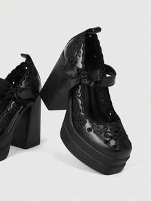 ROMWE Goth Ladies Sexy Platform High Heels Shoes Dark Retro Hollow Embroidery Engraved Bow Daily Commute Nightclub Party - Black - View 10