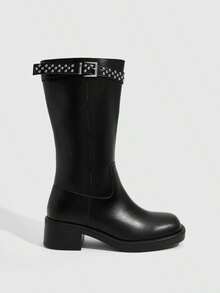 Daringsoles 黑色腰帶扣騎士靴 女款秋冬粗跟中筒靴 - 黑色2 - 查看 5