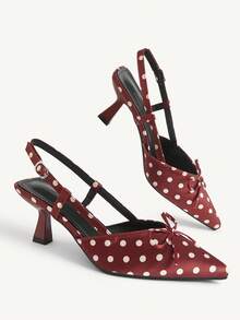 CUCCOO CHICEST Ladies Summer Fashion Polka Dot Brown Satin Bow Back Empty Stiletto Sandals Elegant Commuter Party Vacation - Brown - View 4